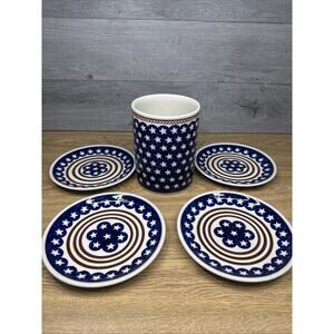 Boleslawiec Blue Stars Polish Pottery Handmade 7-3/4” Plates & Utensil Jar ~5 Pc